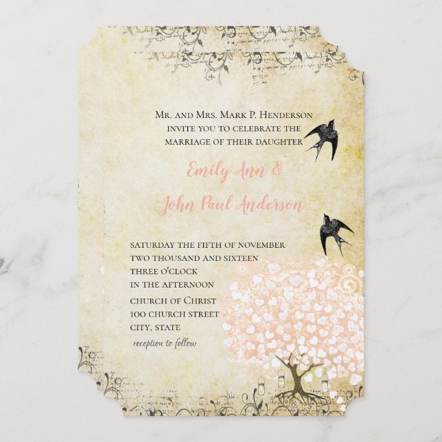 Romantic Heart Leaf Blush Pink Love Bird Wedding Invitation (Front/Back)