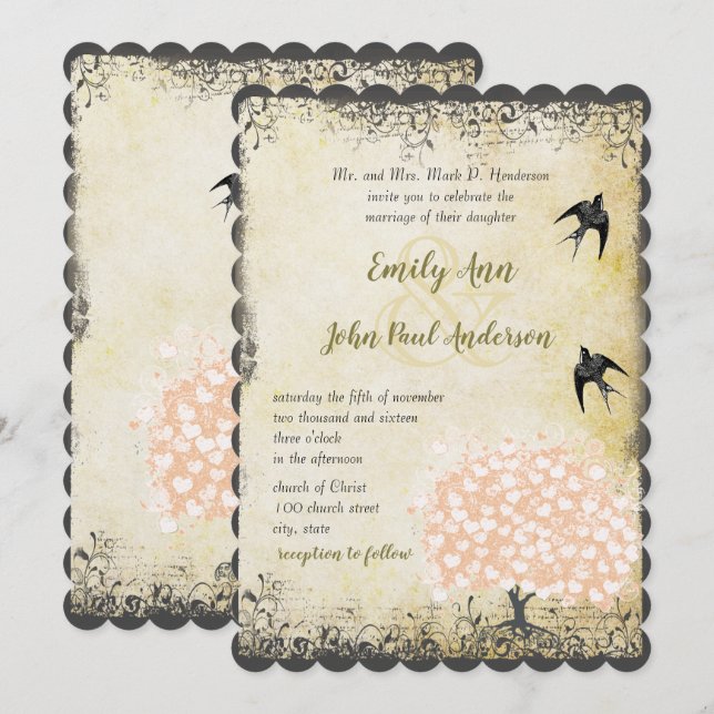 Romantic Heart Leaf Pink Tree Love Bird Wedding Invitation (Front/Back)