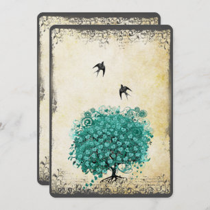 Romantic Heart Leaf Teal Tree Love Bird Wedding Invitation