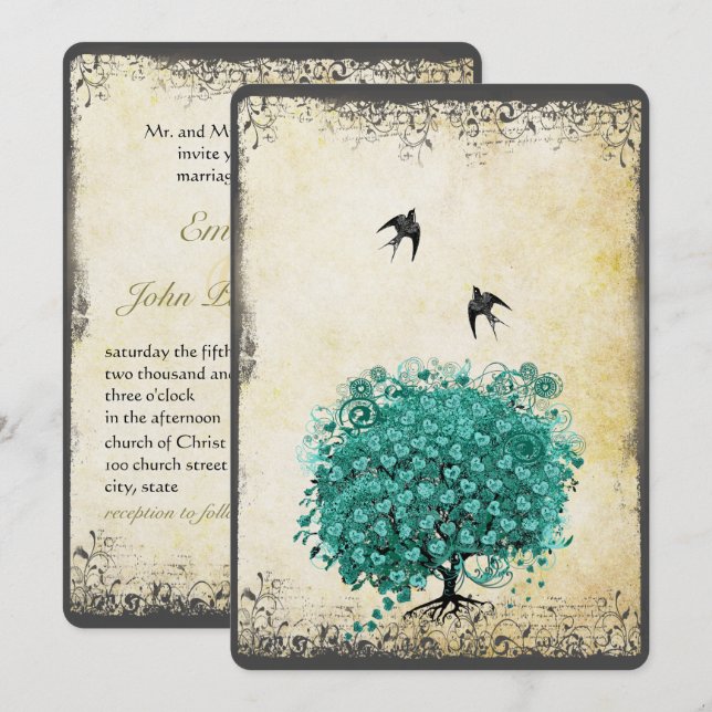 Romantic Heart Leaf Teal Tree Love Bird Wedding Invitation (Front/Back)