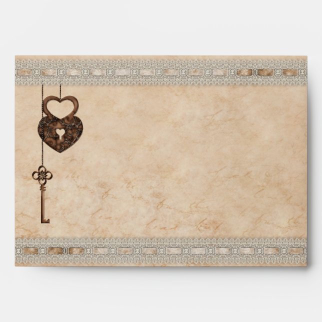 Romantic Heart Lock Key Faux Lace Envelope (Front)