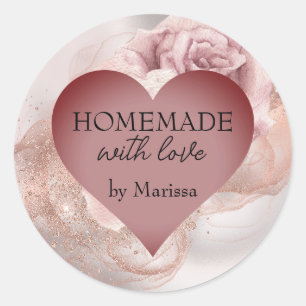 Romantic Heart on Glitter Roses Homemade with Love Classic Round Sticker