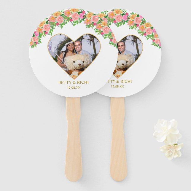 Romantic Heart & Pink Flowers Hand Fan (Front and Back)