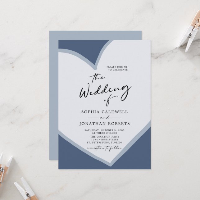 Romantic Heart QR Code RSVP Dusty Blue Wedding Invitation (Front/Back In Situ)