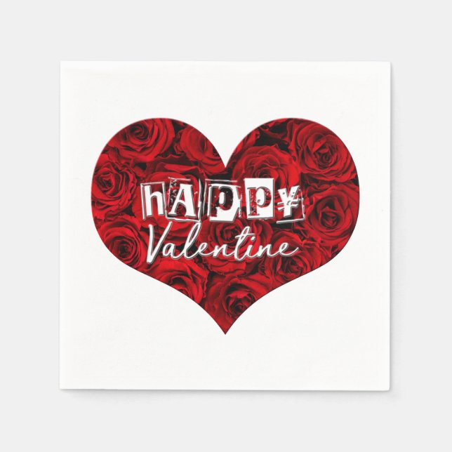 Romantic Heart Red Roses Floral Happy Valentine Napkin (Front)