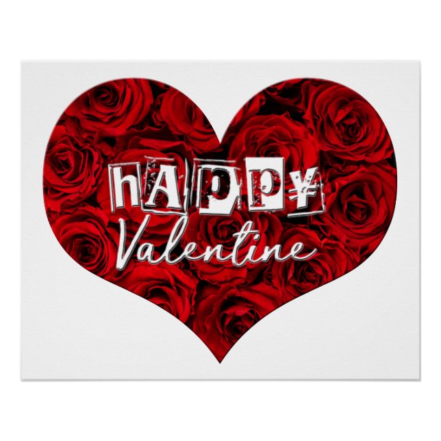 Romantic Heart Red Roses Floral Happy Valentine Poster (Front)