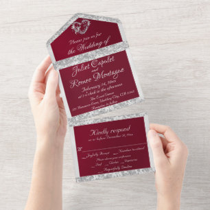 Romantic Heart, Ribbon & Glitter on Burgundy All In One Invitation