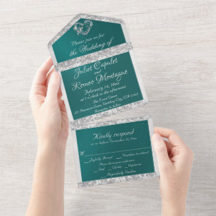 Romantic Heart, Ribbon & Glitter on Teal All In One Invitation