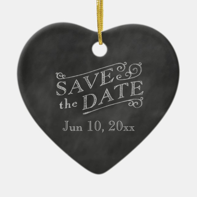 Romantic Heart Save the Date on Chalkboard Ceramic Tree Decoration (Front)