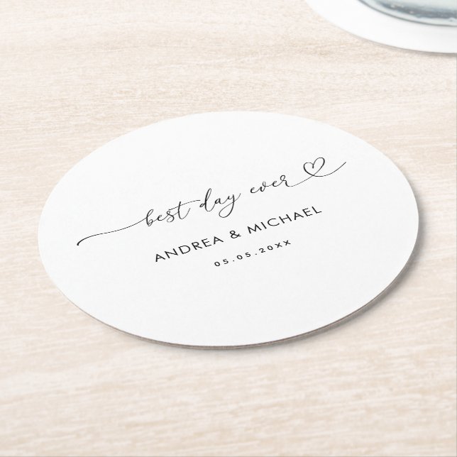 Romantic Heart Script Best Day Ever Wedding Party Round Paper Coaster (Angled)