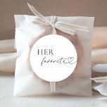 Romantic Heart Script Her Favourite Wedding Favour Classic Round Sticker<br><div class="desc">Introduce your guests to your favourite treats with these cute stickers,  featuring romantic heart script and classic typography.</div>