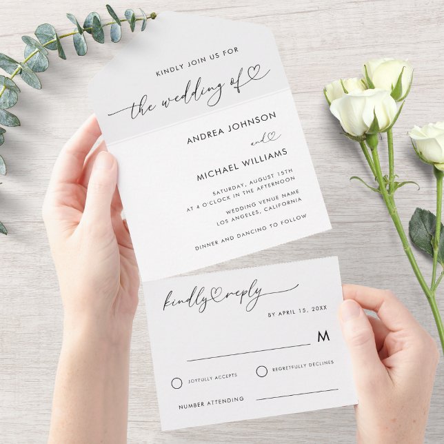 Romantic Heart Script Minimalist White Wedding All In One Invitation (Creator Uploaded)
