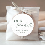 Romantic Heart Script Our Favourite Wedding Favour Classic Round Sticker<br><div class="desc">Introduce your guests to your favourite treats with these cute stickers,  featuring romantic heart script and classic typography.</div>