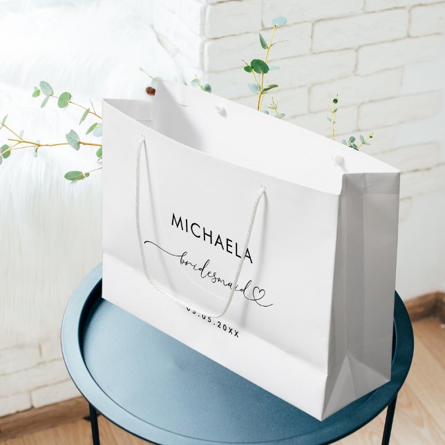 Romantic Heart Script White Minimalist Bridesmaid Large Gift Bag (Creator Uploaded)