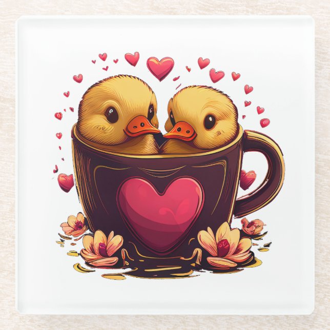 Romantic Heart-Shaped Duck Couple, Valentine's Day Glass Coaster (Front)