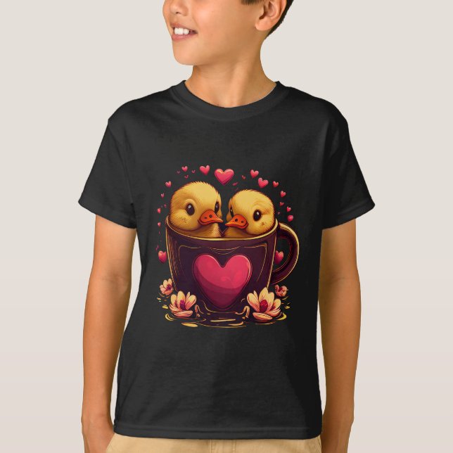 Romantic Heart-Shaped Duck Couple, Valentine's Day T-Shirt (Front)