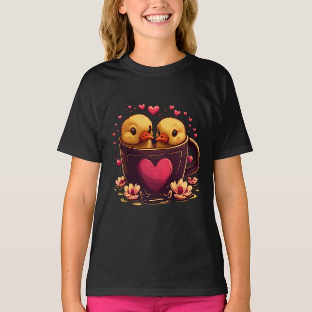 Romantic Heart-Shaped Duck Couple, Valentine's Day T-Shirt (Front)