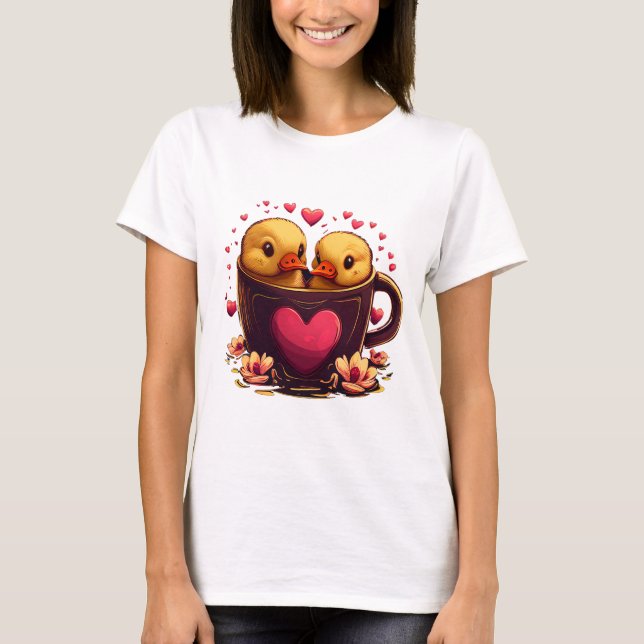 Romantic Heart-Shaped Duck Couple, Valentine's Day T-Shirt (Front)