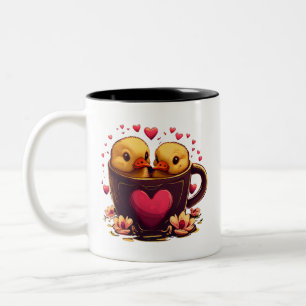 Romantic Heart-Shaped Duck Couple, Valentine's Day Two-Tone Coffee Mug