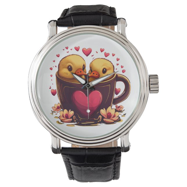 Romantic Heart-Shaped Duck Couple, Valentine's Day Watch (Front)