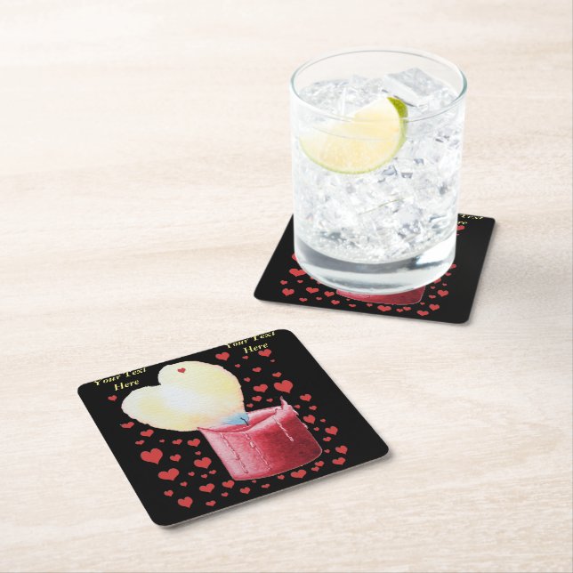 Romantic heart shaped flame for weddings square paper coaster (Insitu)