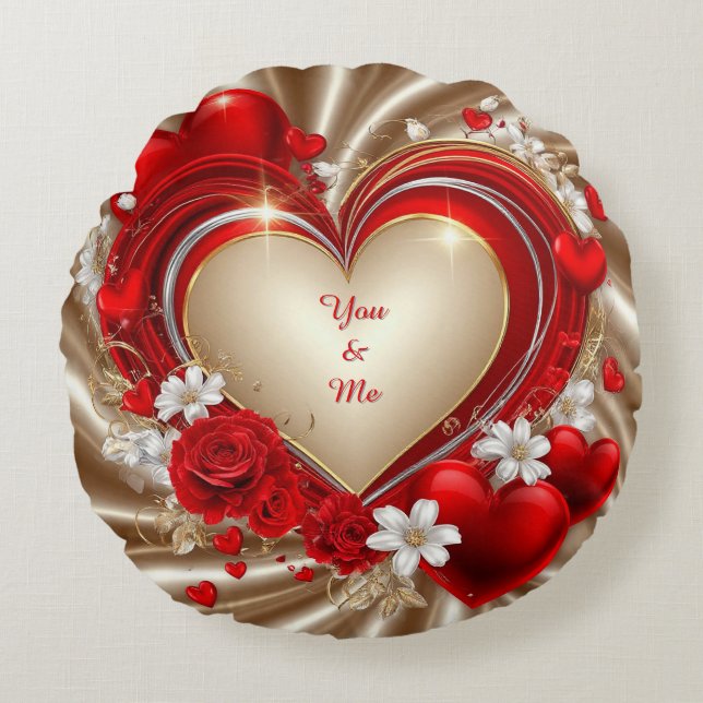 Romantic Heart Theme With Red Roses Round Cushion (Front)