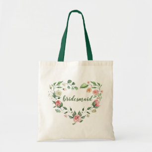 Romantic Heart Watercolor Rose Wreath Bridesmaid Tote Bag
