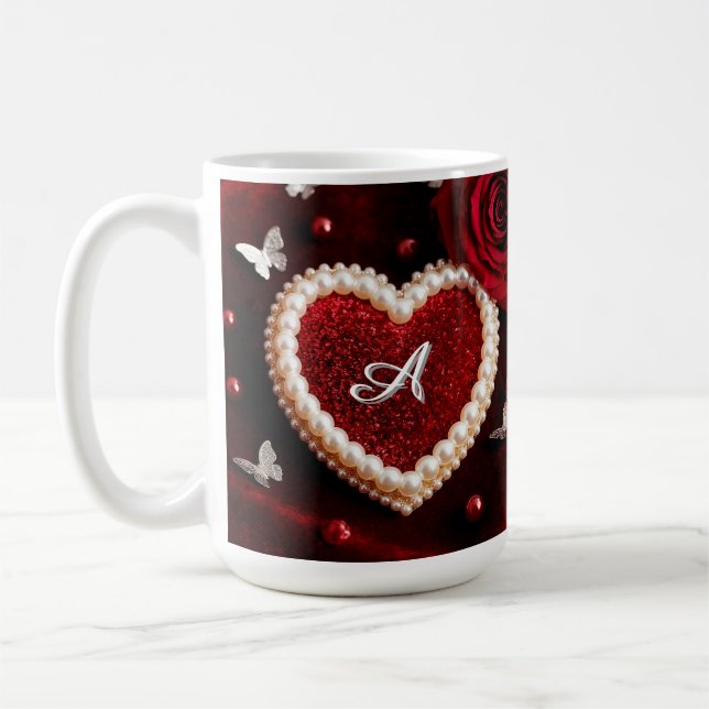 Romantic Heart With Pearl Border Coffee Mug (Left)