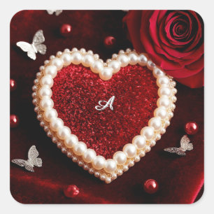 Romantic Heart With Pearl Border Square Sticker