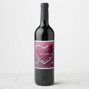 Romantic Heart With Pearl Border Wine Label
