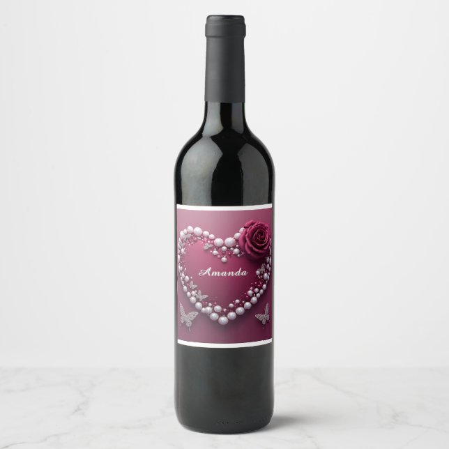 Romantic Heart With Pearl Border Wine Label (Front)