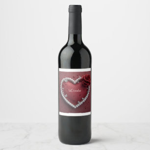 Romantic Heart With Pearl Border Wine Label