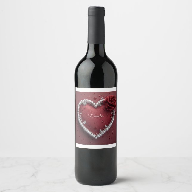 Romantic Heart With Pearl Border Wine Label (Front)