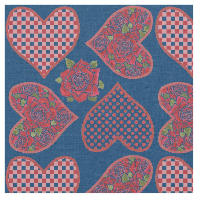 Romantic Hearts and Red Roses Pattern Fabric (Close Up)