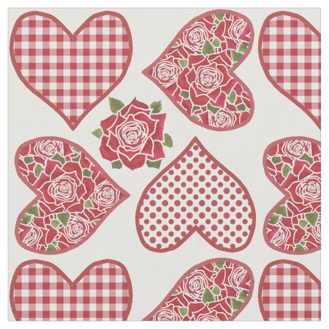Romantic Hearts and Red Roses Pattern Fabric (Close Up)