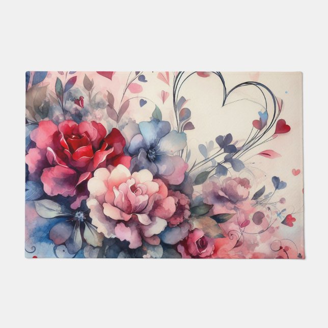 Romantic Hearts and Roses Kitchen Floor Mat (Front)