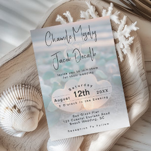 Romantic Hearts Aqua Blue Sea Glass Beach Wedding Invitation