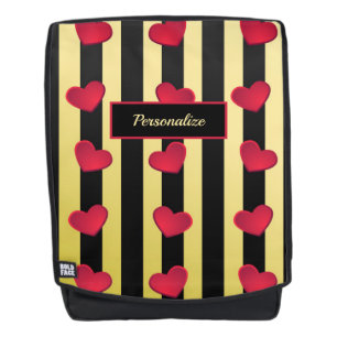 Romantic Hearts Black & Gold Stripes Personalise Backpack