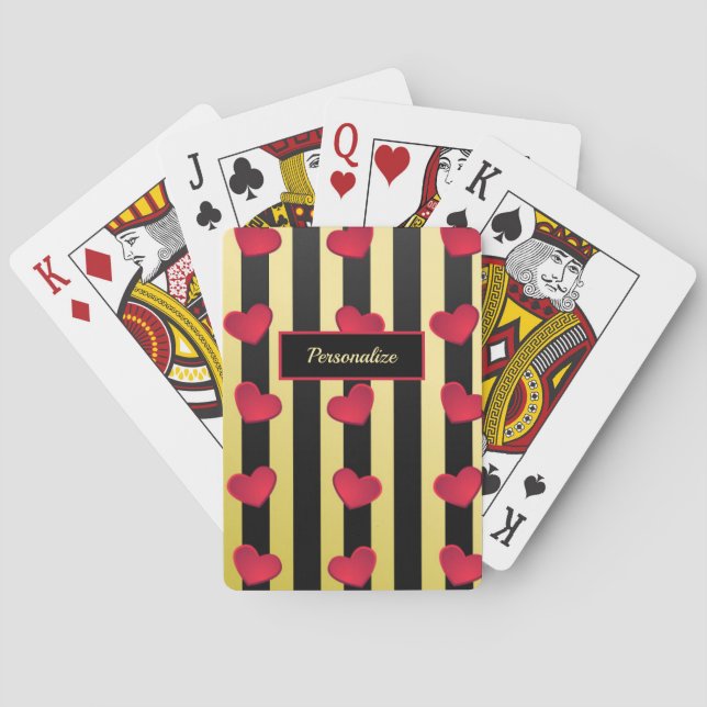 Romantic Hearts Black & Gold Stripes Personalise Playing Cards (Back)