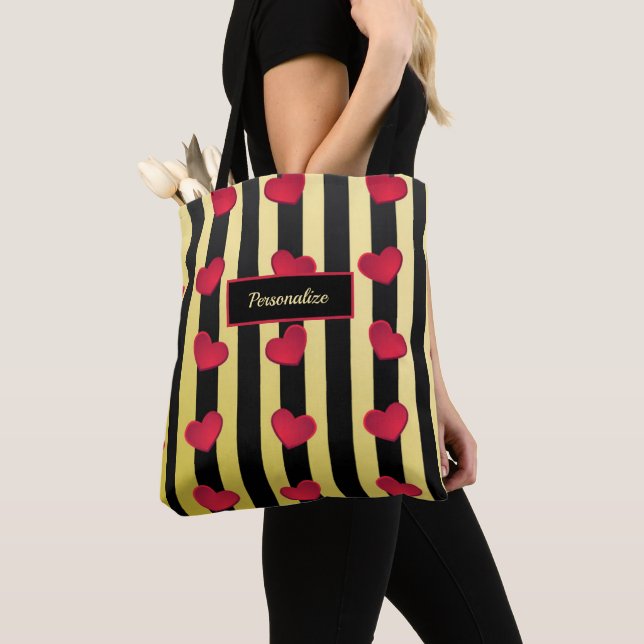Romantic Hearts Black & Gold Stripes Personalise Tote Bag (Close Up)