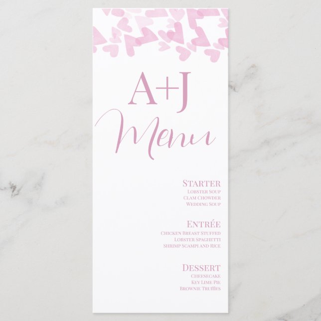 Romantic Hearts Floating  Pink Lettering Menu (Front)