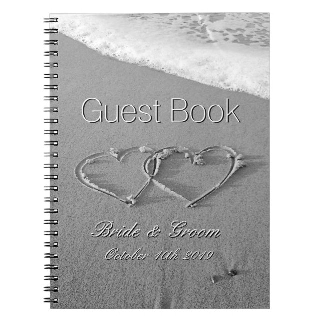 Romantic hearts in sand beach wedding guest book (Front)