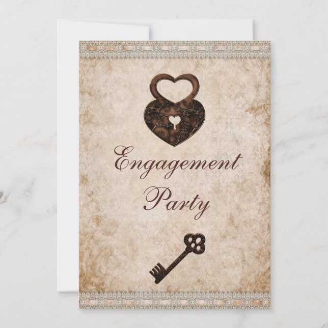 Romantic Hearts Lock and Key Engagement Party Invitation (Front)