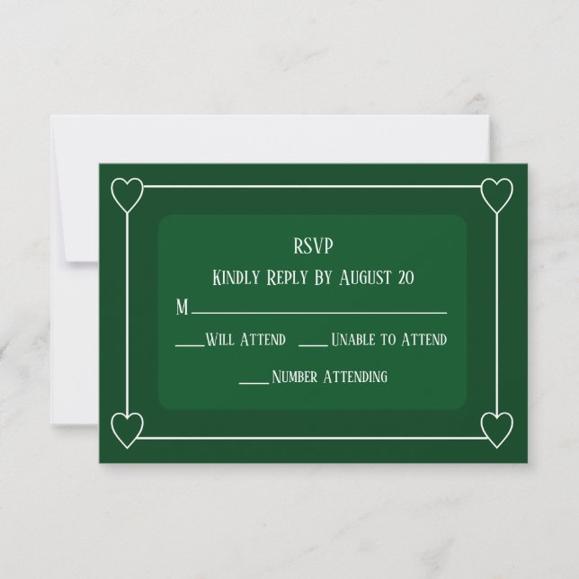 Romantic Hearts Modern Dark Green Simple Wedding RSVP Card (Front)