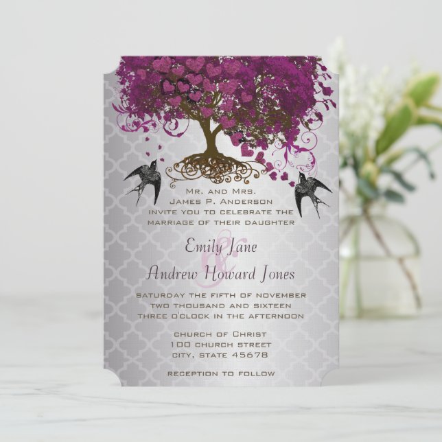 Romantic Hearts Plum Heart Leaf Tree Wedding  Invitation (Standing Front)