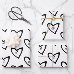 Romantic Hearts Rings Black Pattern Wedding Wrapping Paper Sheet
