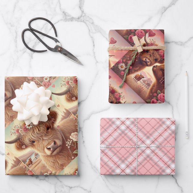 Romantic Highland Cow Valentine's Day Wrapping Paper Sheet (Front)