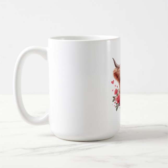 Romantic Highland Cow with Roses and Hearts – Whim Coffee Mug (Left)