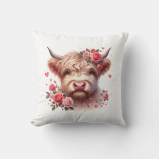 Romantic Highland Cow with Roses and Hearts – Whim Cushion