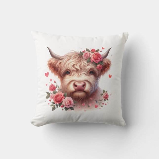 Romantic Highland Cow with Roses and Hearts – Whim Cushion (Front)